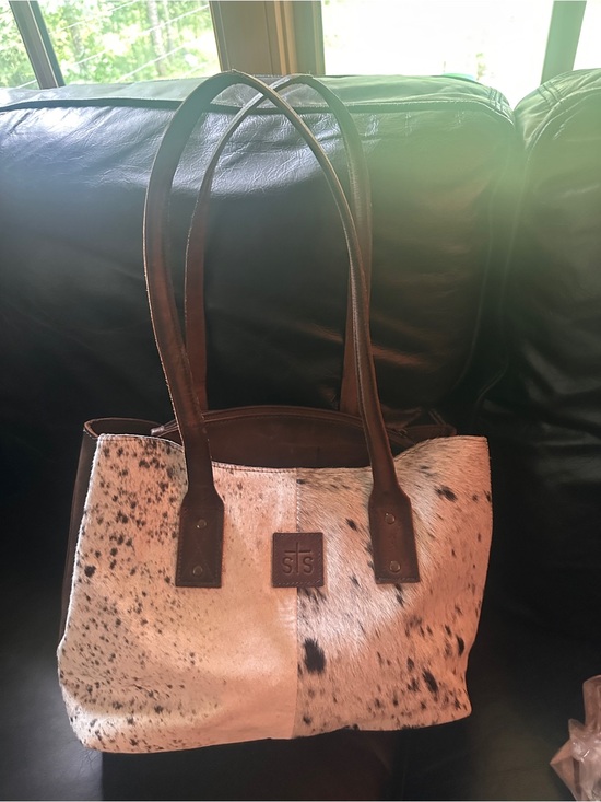 STS Ranchwear Handbags - STS Ranchwear Brown Leather-Trim Spotted Cream Hair-On Hide Tote